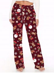 Pantalon à jambes larges avec cordon de serrage et imprimé Père Noël, flocons de neige et bonbons au pain d'épice pour femmes grandes tailles - Rouge S