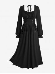 Plus Size Solid Color Lace Up Ruffles Ruched Poet Sleeves Dress -  