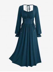 Plus Size Solid Color Lace Up Ruffles Ruched Poet Sleeves Dress -  