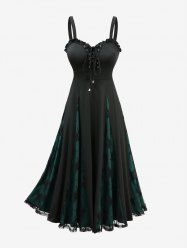 Plus Size Flower Embroidery Lace Patchwork Lace-up A Line Dress -  