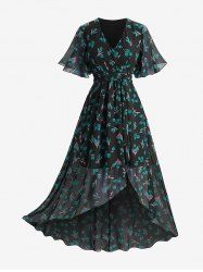 Robe en mousseline à imprimé floral grande taille, volants, décolleté cache-cœur et ourlet tulipe - Vert profond 1X | US 14-16