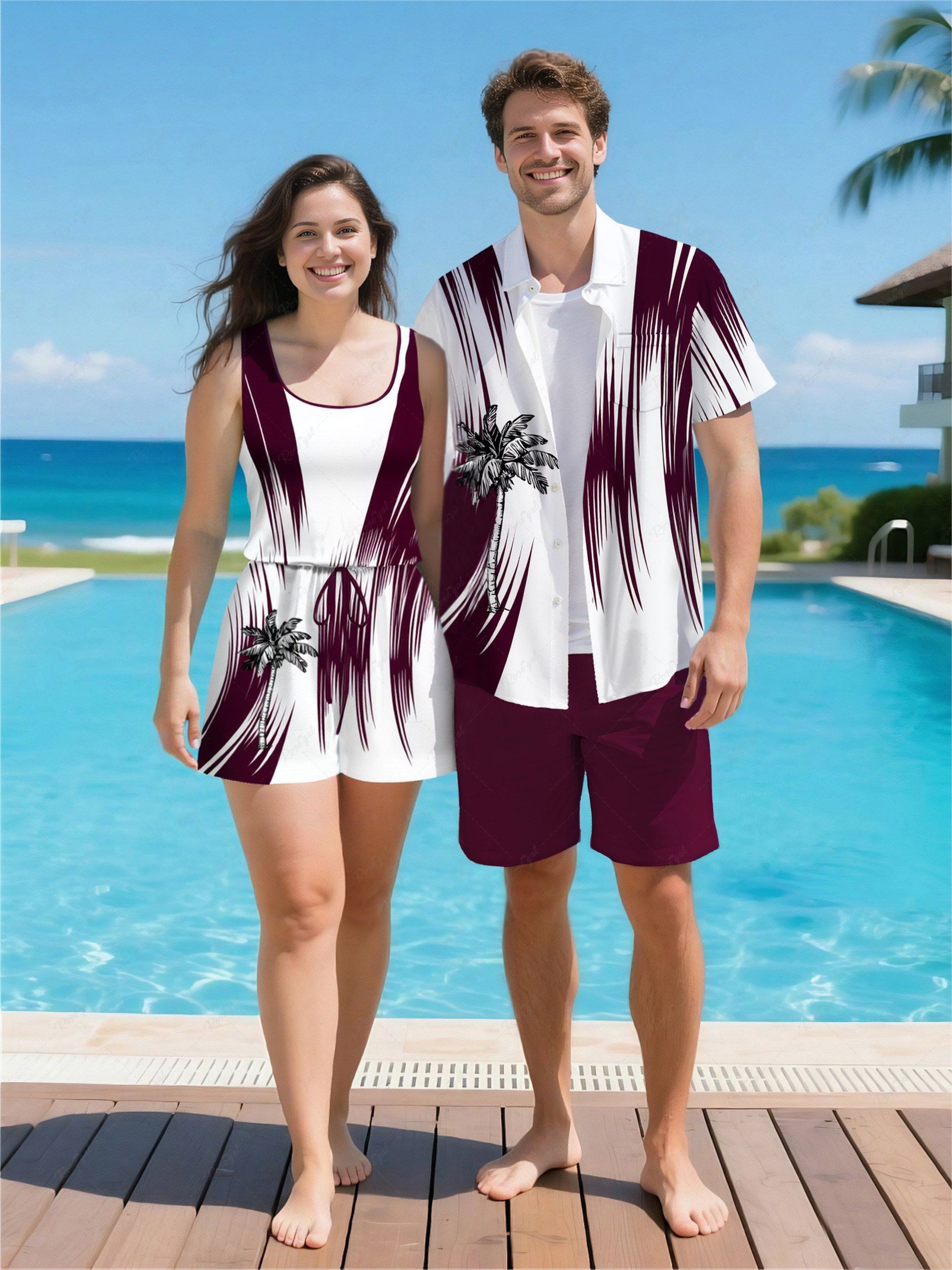 New Matching Hawaii Shirt and Romper Plus Size Beach Outfit Coconut Tree Printed for Couples  