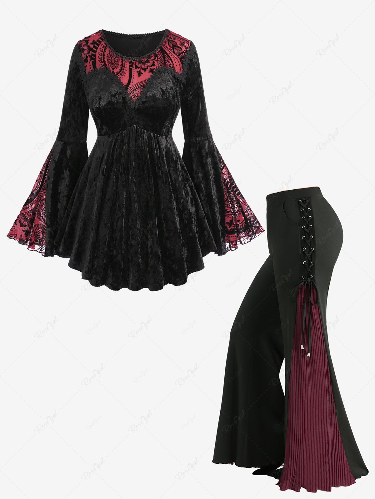 Shop Appliques Lace Trim Flocked Flowers Bell Sleeves T-shirt and Lace-up Pleated Flare Pants Plus Size Outfit  