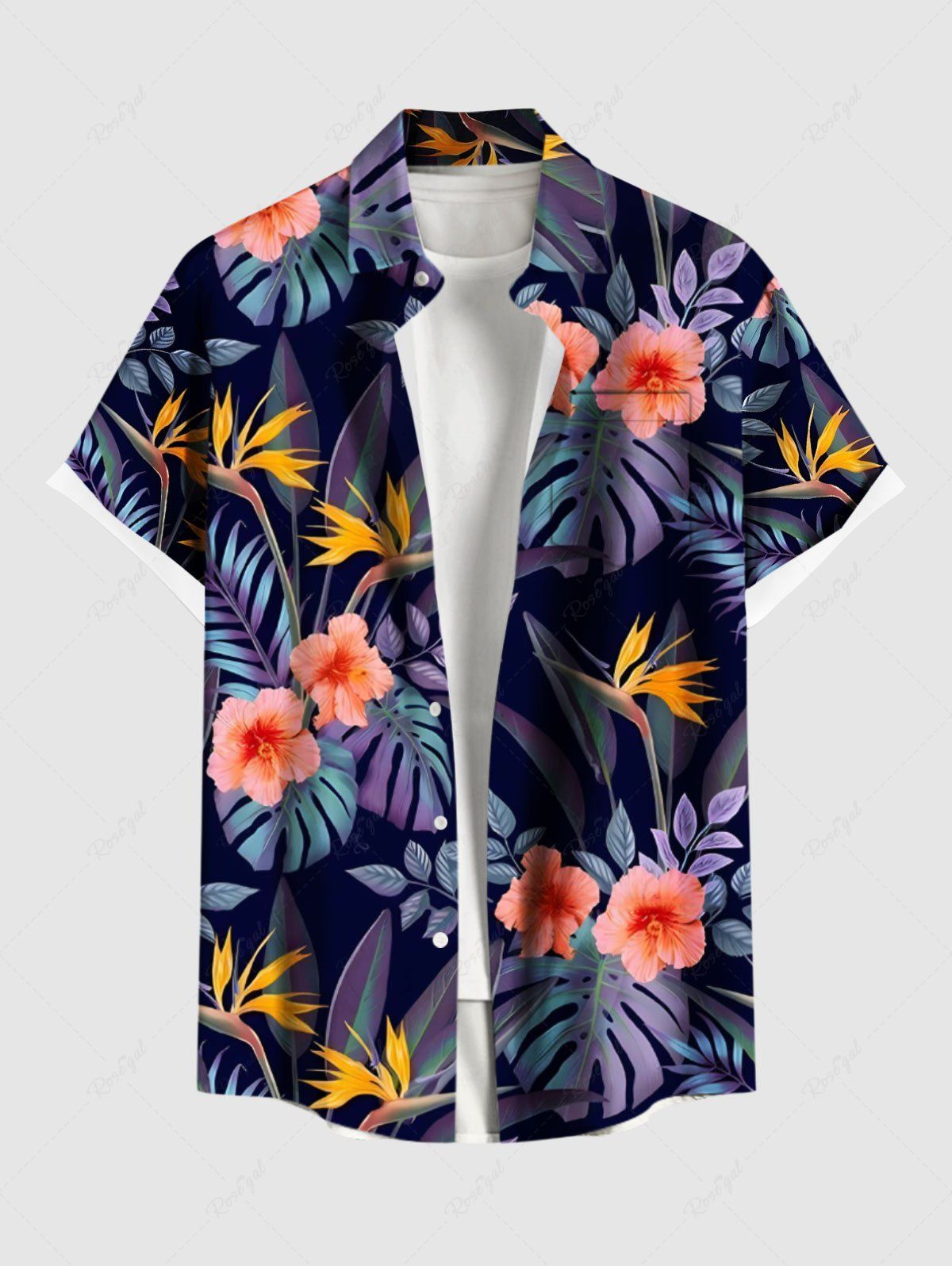 Chemise hawaïenne grande taille à imprimé feuilles tropicales et fleurs d'hibiscus ombré avec poches boutonnées pour homme Noir 4XL
