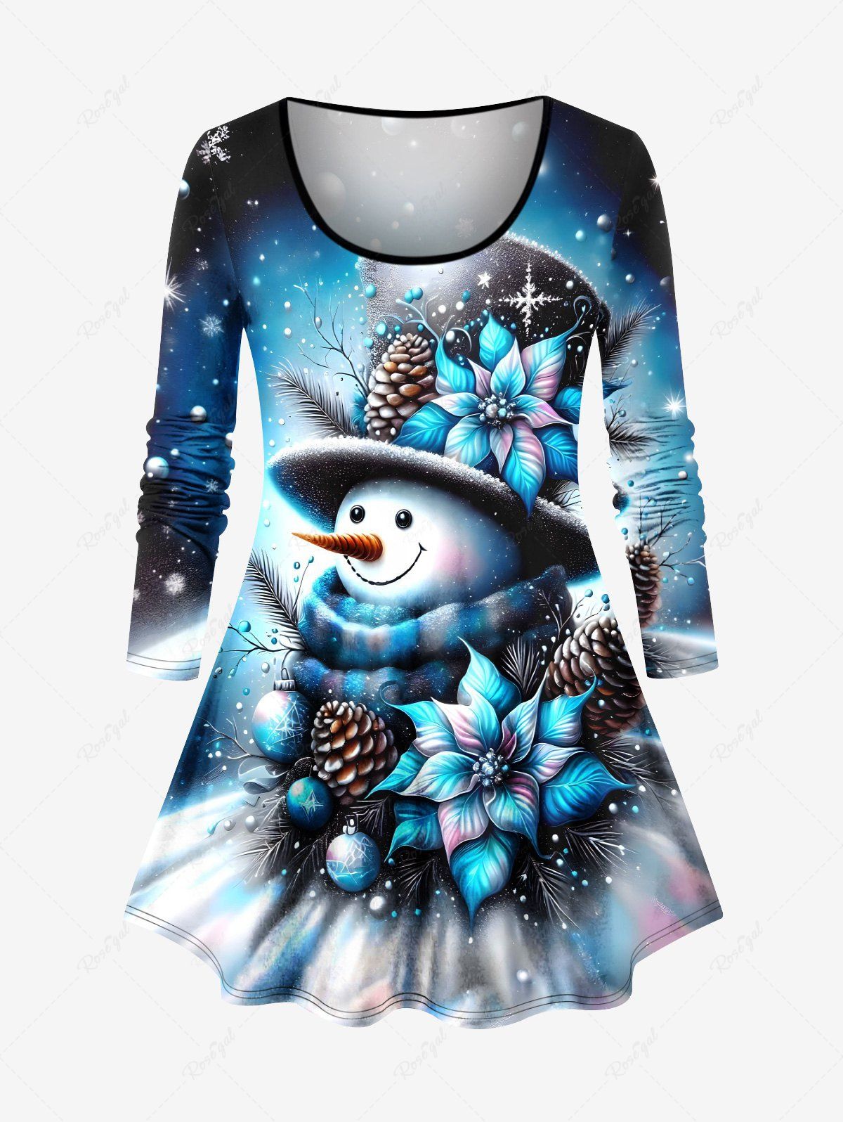 T-shirt à manches longues pour femme, imprimé ombré, boule de Noël, flocon de neige, bonhomme de neige, tie-dye, grande taille Bleu Ciel XS