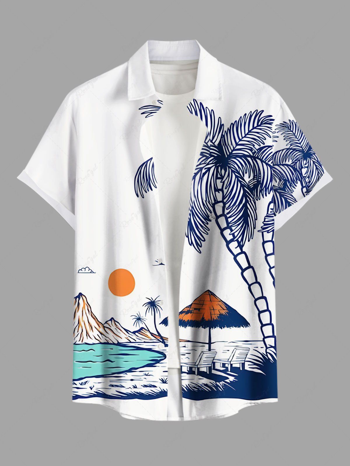 Chemise hawaïenne grande taille à imprimé cocotiers, soleil, montagne, paysage marin, boutons et poches pour homme Blanc S