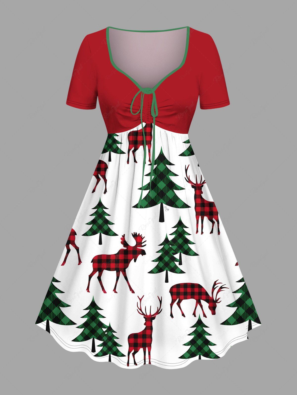 Latest Plus Size Christmas Tree Elk Plaid Print Cinched Dress  