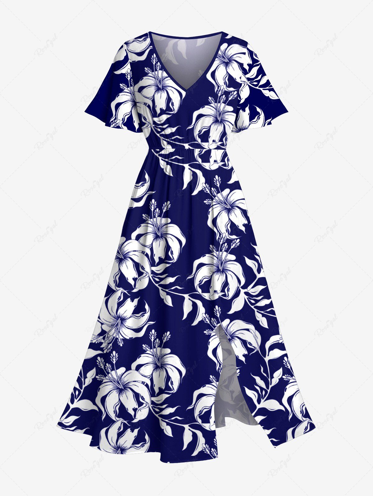 Robe mi-longue hawaïenne fendue à imprimé feuilles et fleurs d'hibiscus grande taille Bleu Marine XXS