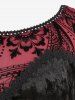 Appliques Lace Trim Flocked Flowers Bell Sleeves T-shirt and Lace-up Pleated Flare Pants Plus Size Outfit -  