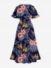 Plus Size Ombre Tropical Leaf Hibiscus Flower Print Hawaii Split Pocket A Line Midi Dress -  