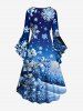 Robe asymétrique taille plus à imprimé flocon de neige, branches de fleurs et ciel ombré, froncée et asymétrique - Bleu Ciel 6X