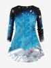 T-shirt à manches longues pour femme, imprimé ombré, boule de Noël, flocon de neige, bonhomme de neige, tie-dye, grande taille - Bleu Ciel M