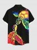 Plus Size Colorful Turtle Print Hawaii Sea Creatures Button Pocket Shirt For Men -  