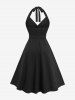 Robe dos nu trapèze grande taille à boutons jacquard à fleurs roses et ceinture amovible - Noir 3X | US 22-24