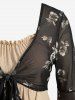 Plus Size Ruffles Ruched Plisse Cami Dress With Rose Flower Leaf Print Mesh Flare Sleeves Top -  