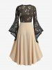Plus Size Ruffles Ruched Plisse Cami Dress With Rose Flower Leaf Print Mesh Flare Sleeves Top -  