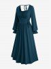 Plus Size Solid Color Lace Up Ruffles Ruched Poet Sleeves Dress -  