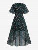 Robe en mousseline à imprimé floral grande taille, volants, décolleté cache-cœur et ourlet tulipe - Vert profond 1X | US 14-16