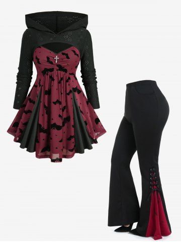 Bat Moon Flocking Pointelle Hollow Out Jacquard Hooded Top and Lace Up Contrast Godet Hem Flare Pants Plus Size Outfit - DEEP RED