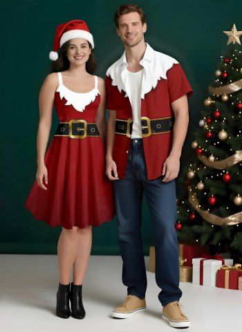 Christmas Santa Claus Print Plus Size Matching Outfit For Couples - RED