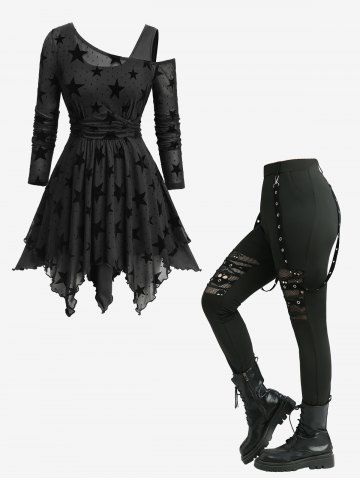 Stars Flocking Mesh Ruched Asymmetrical Neck Top and Skull Hollow Out Fishnet Patchwork Leggings Plus Size Outfit - BLACK
