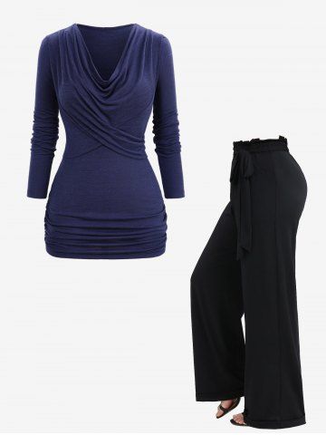 Ruched Surplice Cowl Neck Long Sleeves Top and Ruffles Waist Wide Leg Pants Plus Size Outfit - DEEP BLUE
