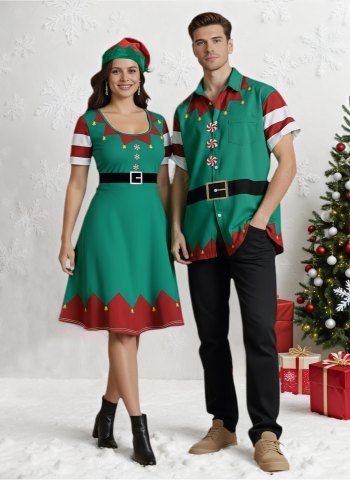 Christmas Bells Candy Elf Costume Print Plus Size Matching Outfit For Couples - GREEN