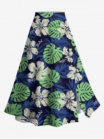 Plus Size Tropical Leaf Hibiscus Flower Print Hawaii Split A Line Skirt - MIDNIGHT BLUE - 6X