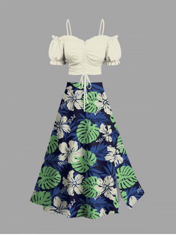 Solid Cinched Top and Tropical Leaf Hibiscus Flower Print Hawaii Split A Line Skirt Plus Size Matching Set - CRYSTAL CREAM