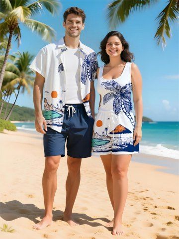 Matching Hawaii Shirt and Romper Plus Size Beach Outfit Coconut Tree Sun Mountain Seascape Printed for Couples