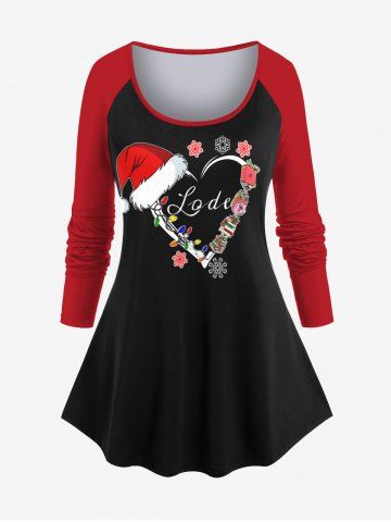Plus Size Christmas Hat Light Snowflake Heart Print Raglan Sleeves T-shirt - BLACK - 1X