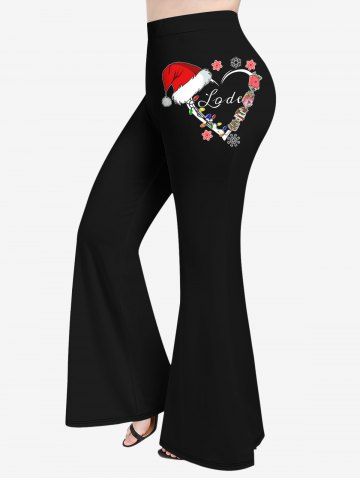Plus Size Christmas Hat Light Snowflake Heart Print Flare Pants - BLACK - 1X