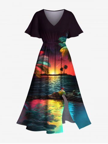 Plus Size Coconut Tree Flowers Sun Seascape Print Split Hawaii Midi Dress - BLACK - S