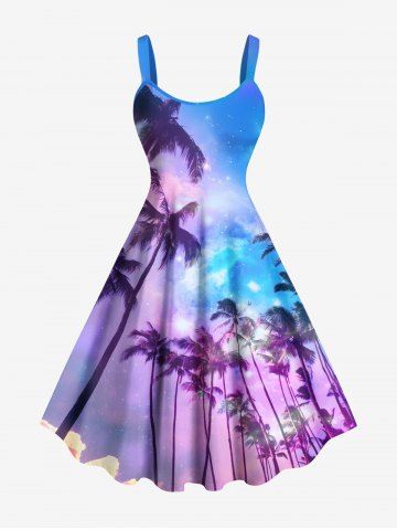 Plus Size Coconut Tree Galaxy Ombre Print Hawaii Tank Dress - PURPLE - L