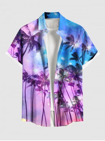 Plus Size Coconut Tree Galaxy Ombre Print Buttons Pocket Hawaii Shirt For Men - PURPLE - 5XL