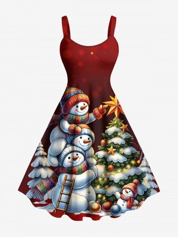 Plus Size Christmas Tree Ball Light Star Snowman Print Tank Dress - RED - XXS