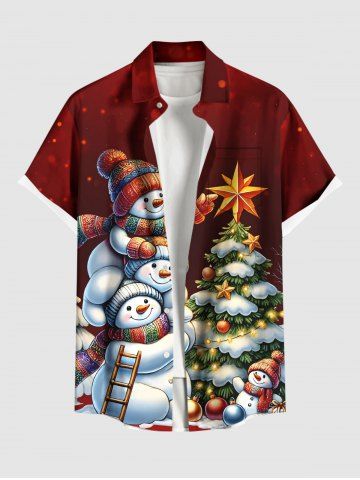 Plus Size Christmas Tree Ball Light Star Snowman Print Buttons Pocket Shirt For Men - RED - XL