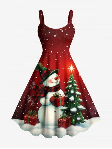 Plus Size Christmas Tree Star Snowman Snowflake Gift Box Print Tank Dress - RED - 5X