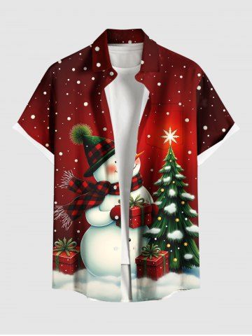 Plus Size Christmas Tree Star Snowman Snowflake Gift Box Print Buttons Pocket Shirt For Men - RED - 3XL