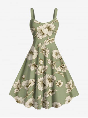 Plus Size Flowers Print Hawaii Tank Dress - GREEN - 1X