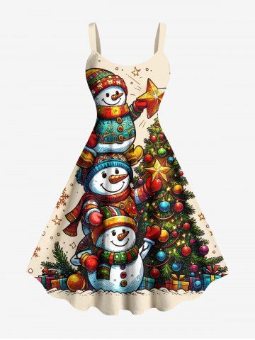 Plus Size Christmas Tree Ball Star Snowflake Snowman Print Tank Dress - APRICOT - 5X