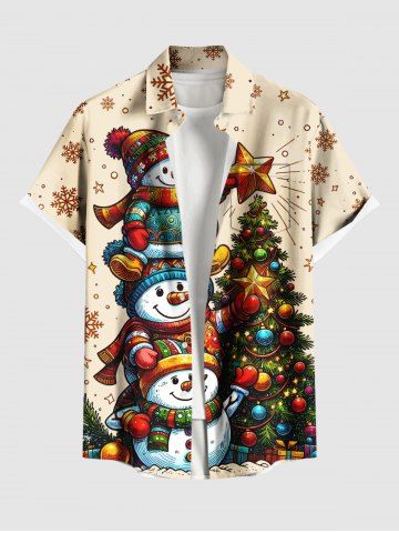 Plus Size Christmas Tree Ball Star Snowflake Snowman Print Buttons Pocket Shirt For Men - APRICOT - 3XL