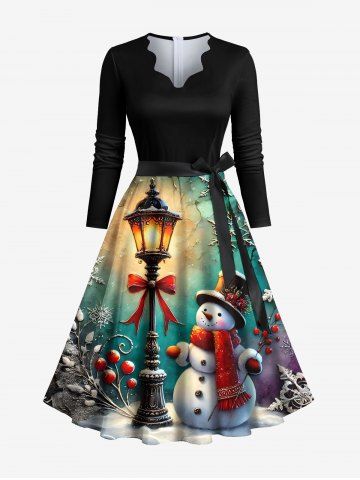 Plus Size Christmas Snowflake Snowman Street Lamp Print Ombre Scalloped Neck A Line Dress with Removable Belt - BLACK - 8XL