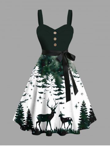 Plus Size Christmas Tree Forest Elk Snowflake Print Ombre Button A Line Dress with Removable Belt - BLACK - 6X