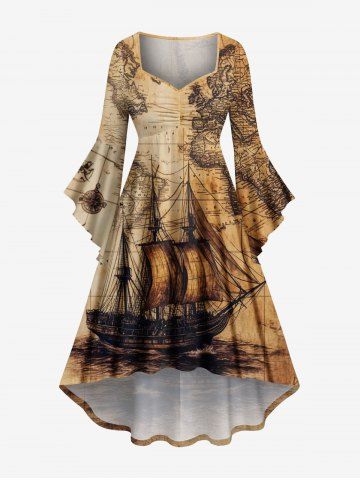 Plus Size Distressed Map Sailboat Print Hawaii Cruise Ruched High Low Asymmetric Dress - ORANGE - 4X