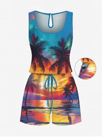 Plus Size Coconut Tree Sea Cloud Print Cinched Hawaii Romper - GREEN - 1X