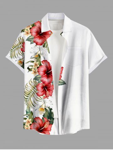 Plus Size Hibiscus Flowers Tropical Leaf Print Buttons Pocket Hawaii Shirt For Men - WHITE - 2XL
