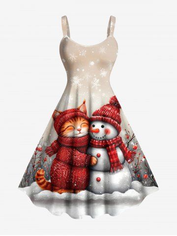 Plus Size Christmas Snowflake Snowman Cat Print Tank Dress - RED - XXS