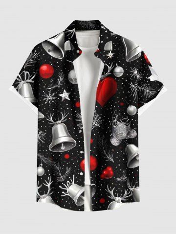 Plus Size Christmas Ball Elk Bell Heart Galaxy Print Button Pocket Shirt For Men - BLACK - 4XL