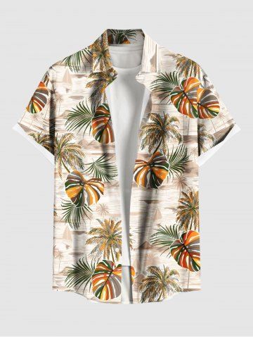 Plus Size Coconut Tree Tropical Leaf Sea Print Hawaii Button Pocket Shirt For Men - ORANGE - M